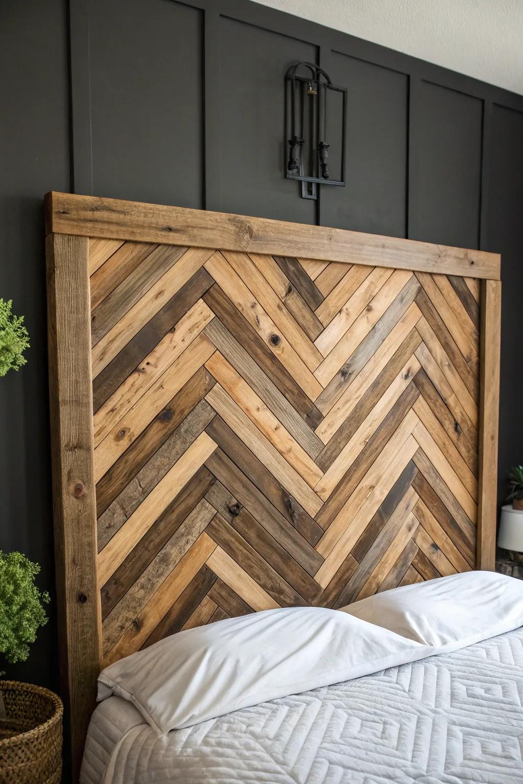 Make your bedroom better with this beautiful zigzag-patterned wooden platform headboard, a masterpiece of modern skill.
