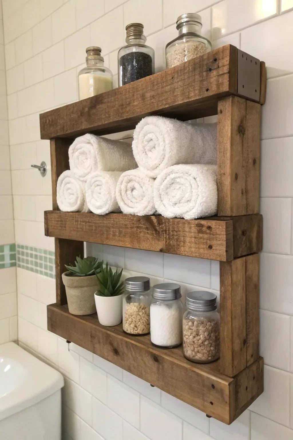 Transform your bathroom into a serene refuge with a bespoke pallet rack that weds functionality with country-inspired allure.