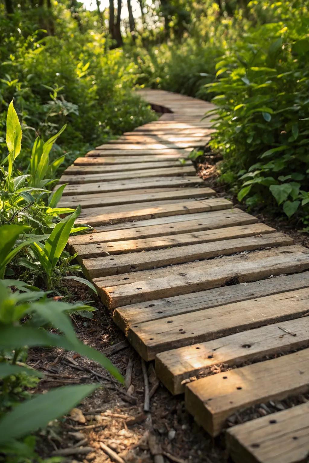 Elevate your garden with a reclaimed pallet footpath — a convergence of craftsmanship and the natural world.