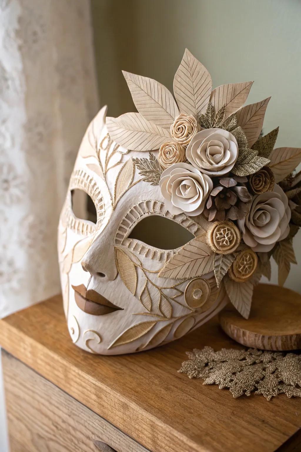 Embrace ecological grace with this artisanal paper mache mask, interweaving effortlessness with horticultural artistry.