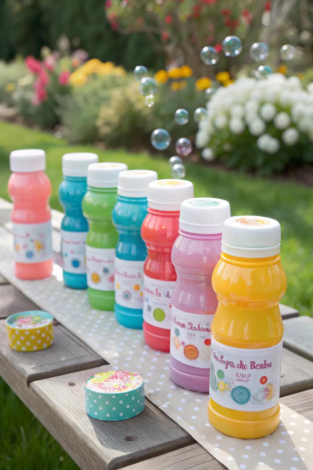 Whimsical effervescent phials adorned with bespoke labels, a delightful baptism party favor.