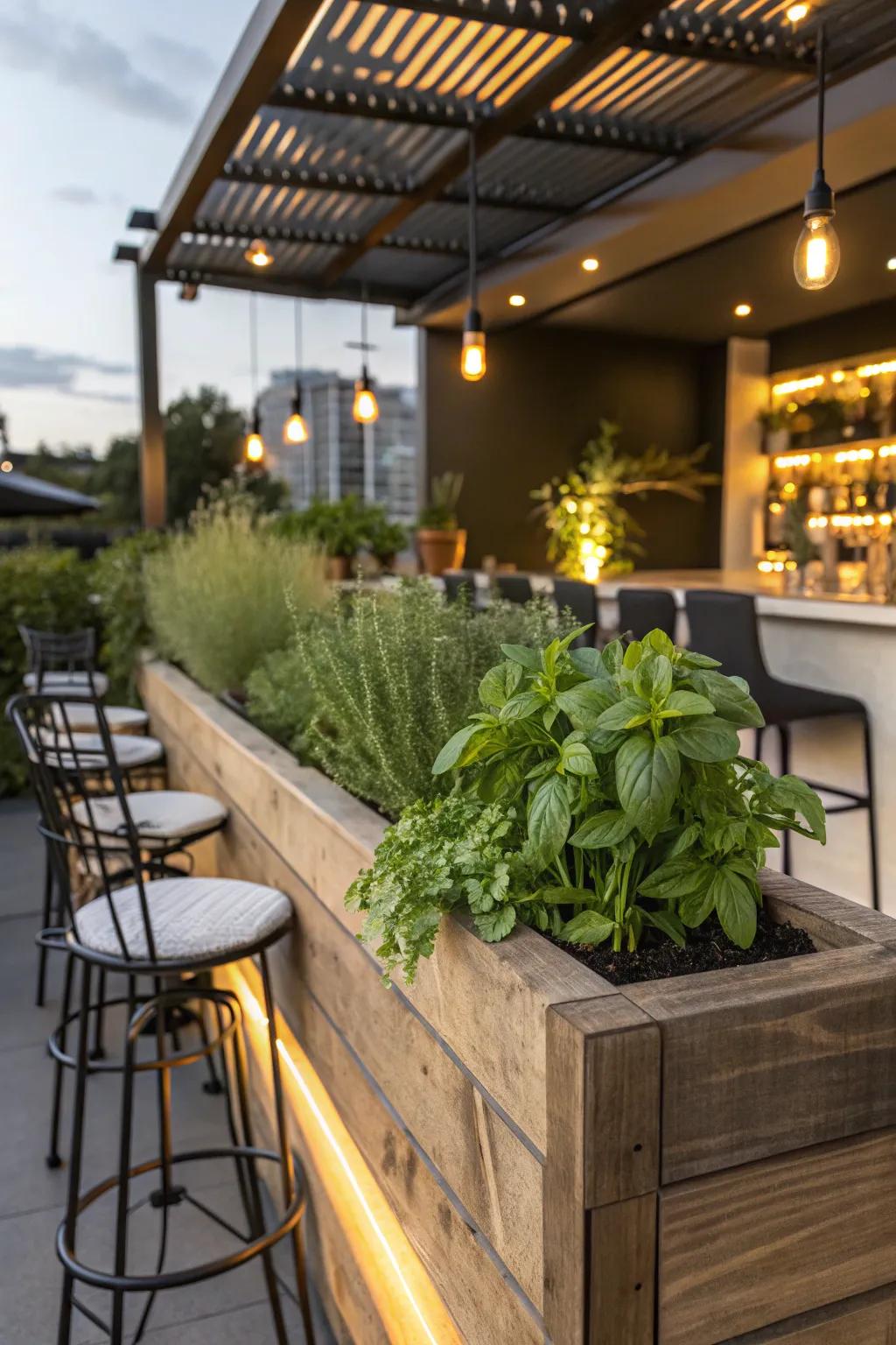 Elevate your pergola bar with a hint of nature – fresh herbs at your fingertips for the ultimate cocktail experience.