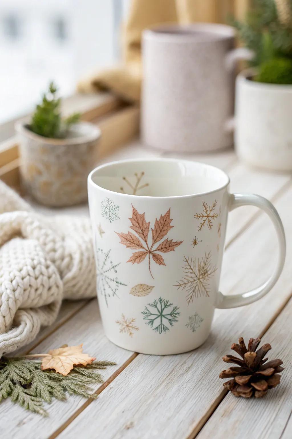 Sip in seasonal joy with this beautifully crafted mug, where winter meets autumn in perfect harmony.