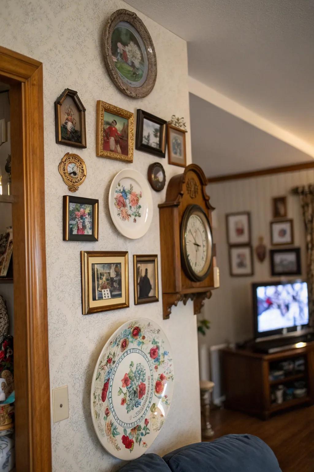 Combining decor with frames results in a rich and layered display.