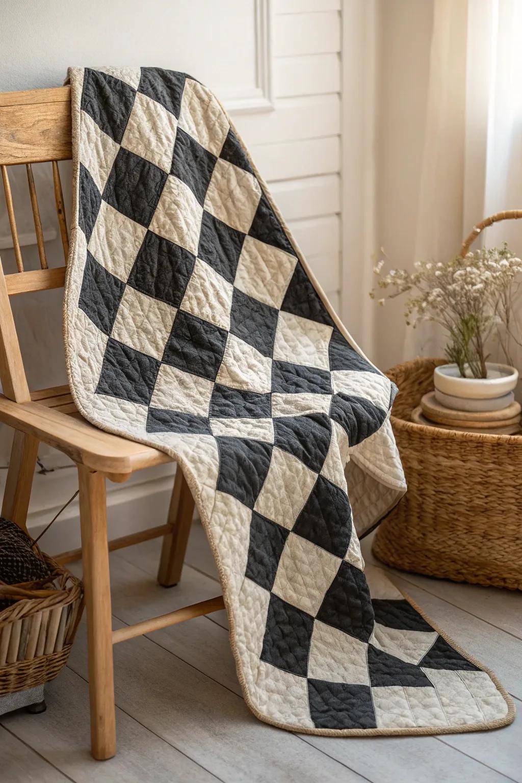 Elevate your quilt design incorporating a conventional chessboard border, where clarity meets playful elegance.