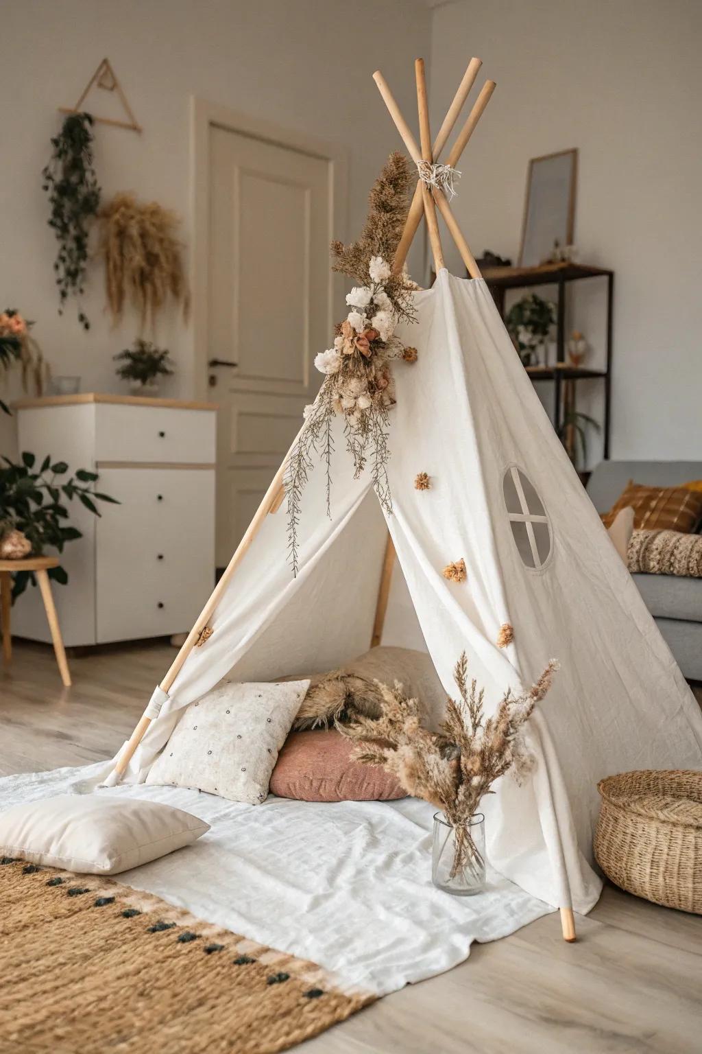 Elevate your surroundings with a hint of boho sophistication: a humble yet breathtaking teepee adorned with natural elegance.