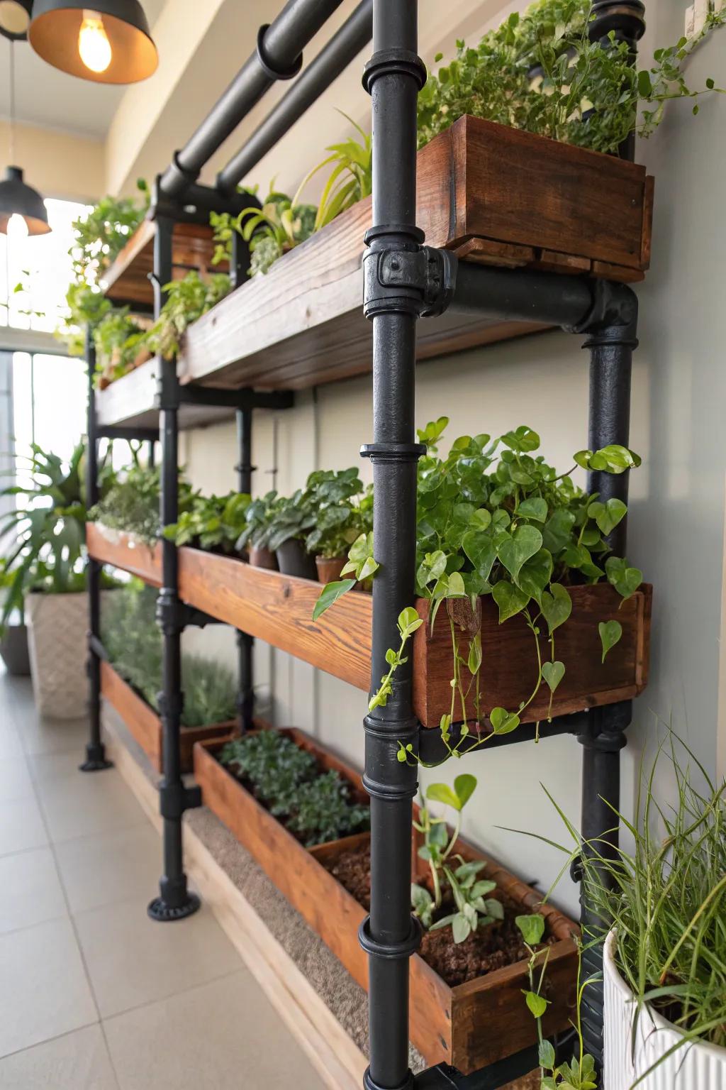 Amplify your vegetation with this handcrafted tiered pipe shelving, ideal for a sun-drenched haven.
