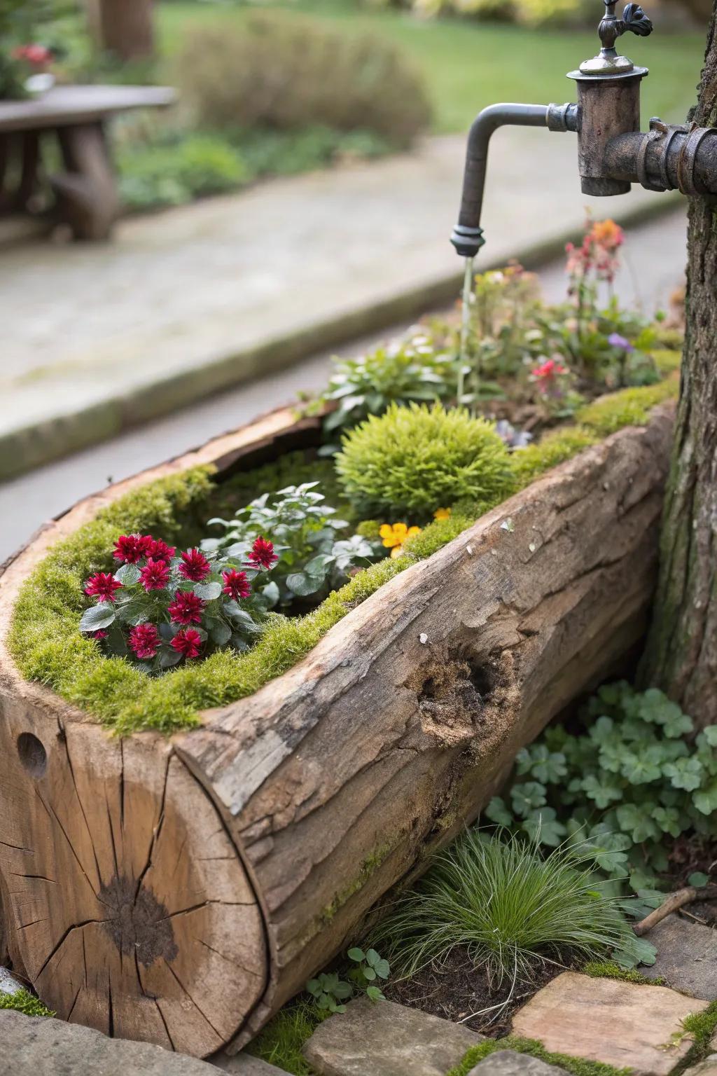 Country Chic: Transform your garden with this handcrafted excavated timber bed, impeccable for concealing pond pumps with flair.