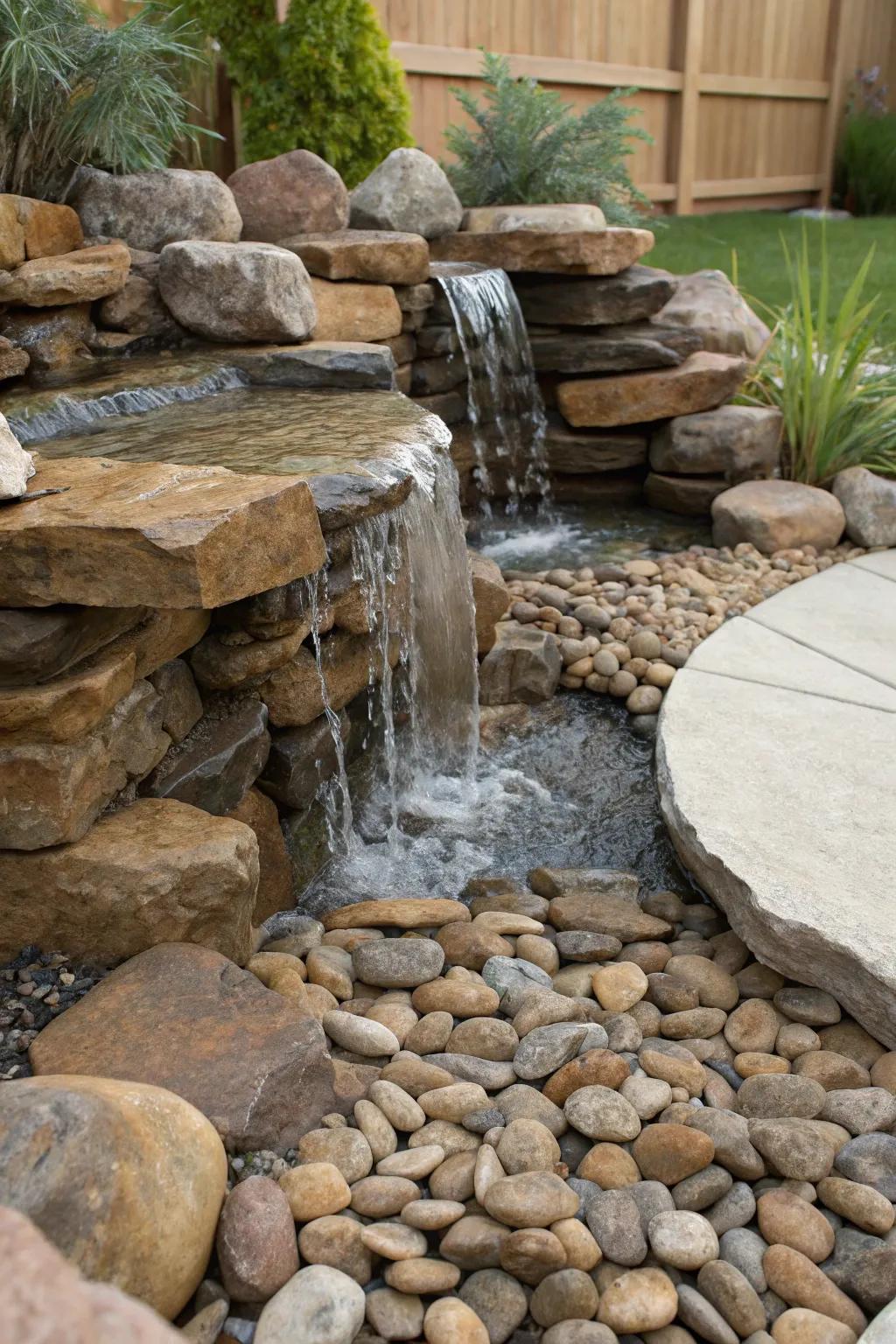 Gravel Foundation Elegance: Elevate your pondless cascade with skillful stonework and sophisticated gravel particulars.