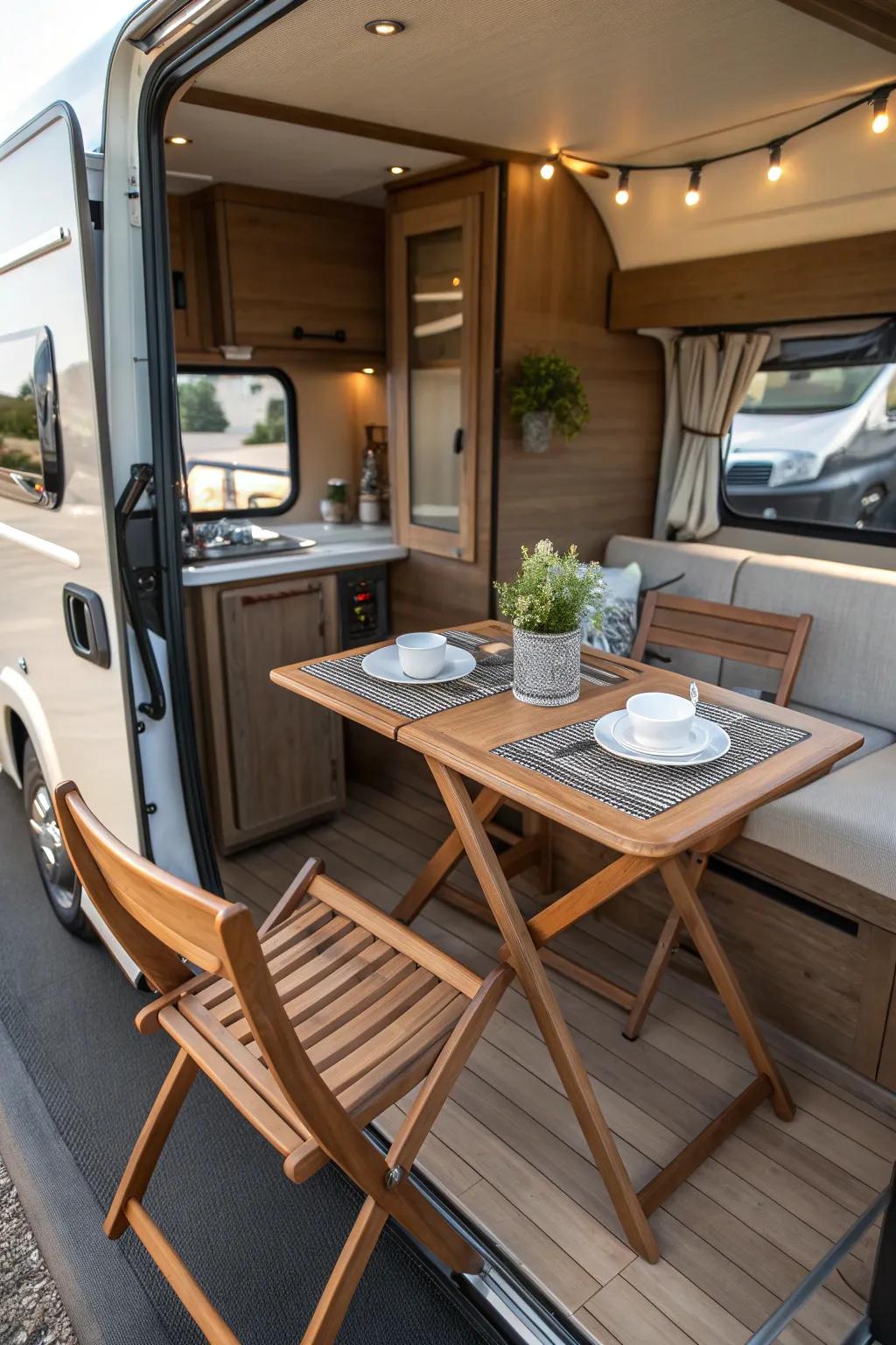 Enjoy your camper even more with a stylish and functional dining area. Perfect for eating and working while traveling.