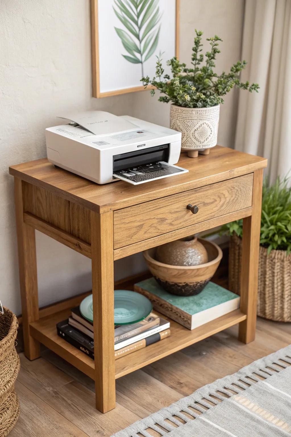 Transform your workspace using a bespoke DIY printer perch that harmonizes Scandinavian minimalism with bohemian allure.