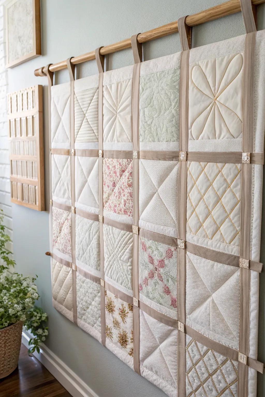 Elevate your quilting area with a chic hook-and-loop panel wall, merging minimalist design and Boho allure for effortless ingenuity.