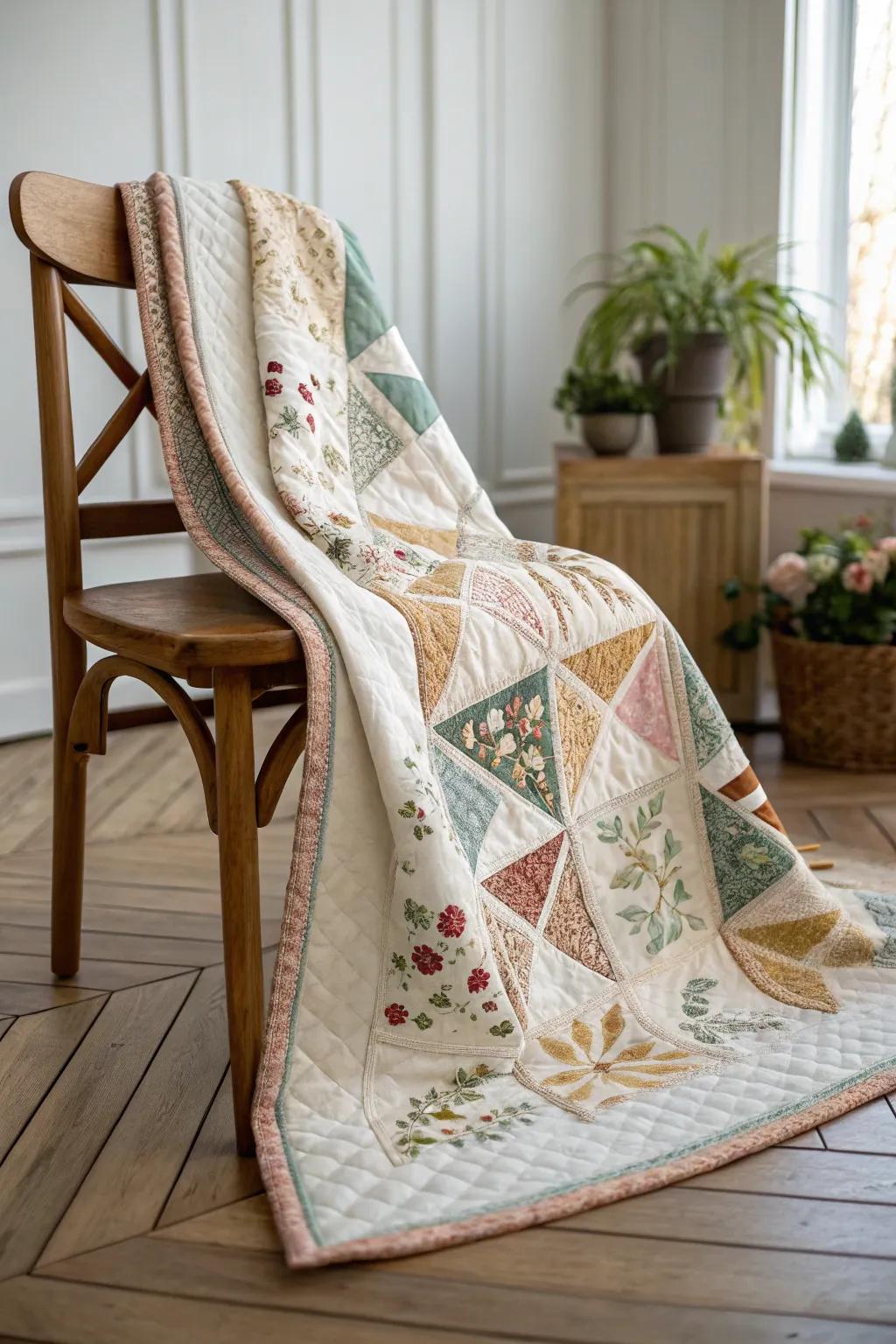 Where modern design converges with vintage allure: a quilt that narrates a tale of timeless elegance.