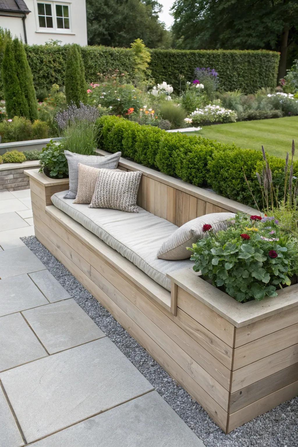 Seize a moment to unwind within your garden sanctuary with this wonderfully fashioned raised flower bed presenting integrated bench seating. #GardenMotivation #UnderstatedLayout #ScandinavianEssence