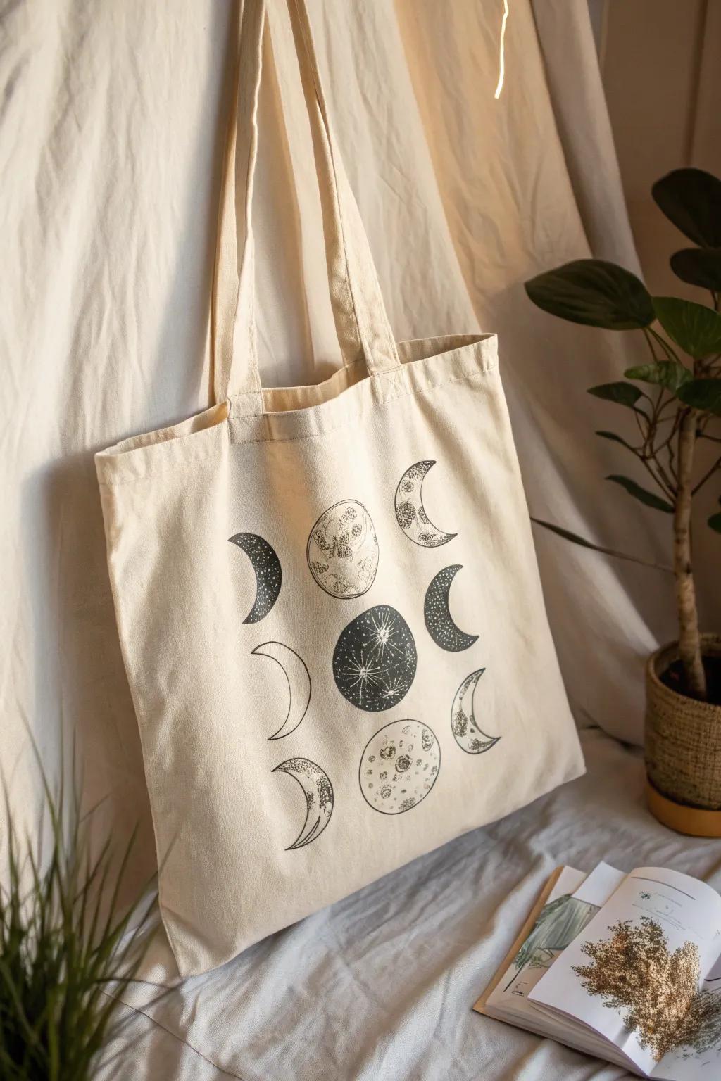 Adopt celestial elegance with our handcrafted lunar cycle tote bags, where simplicity converges with flair.