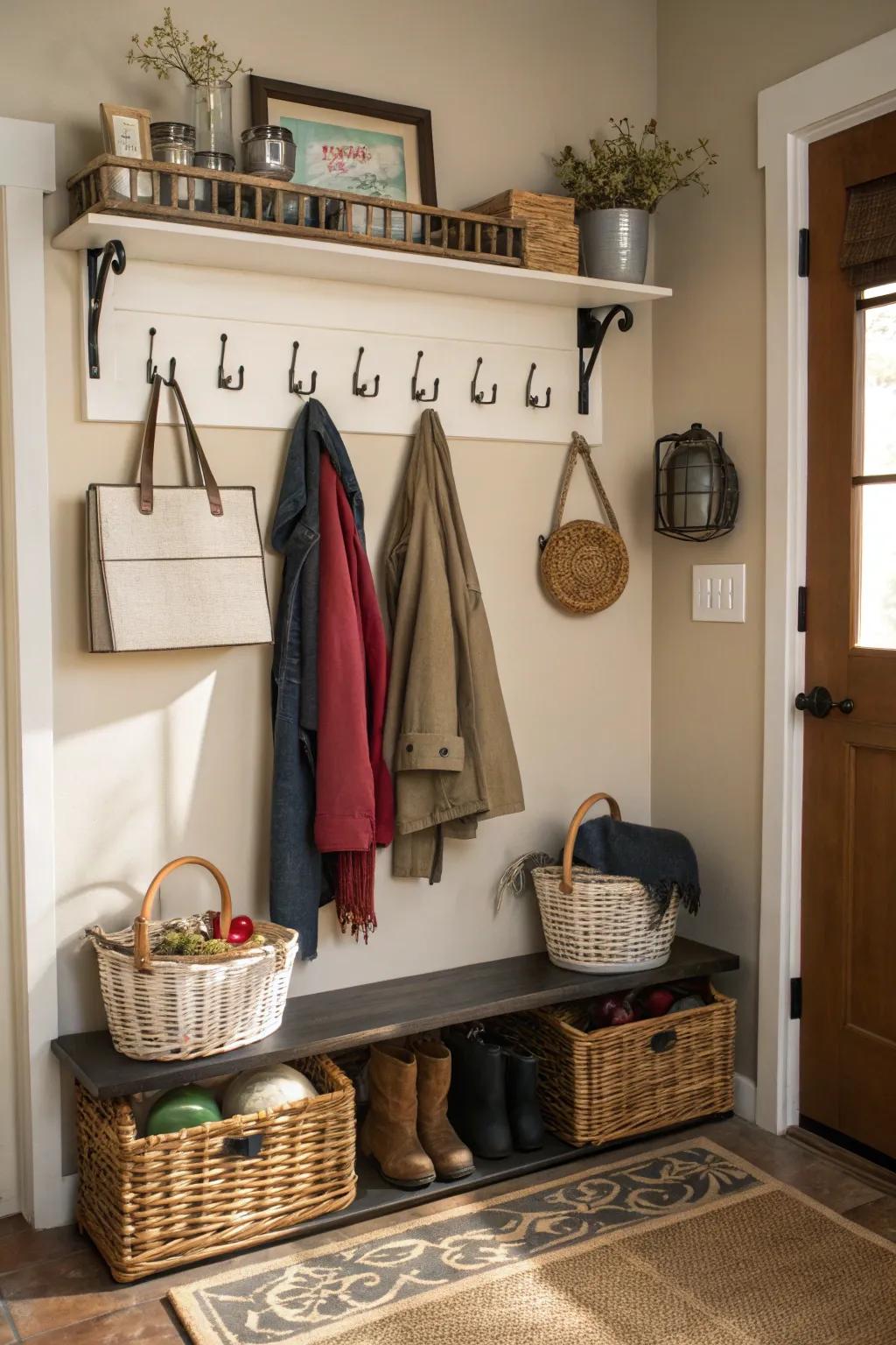 Astute stowage methods uphold an orderly, uncluttered entryway.