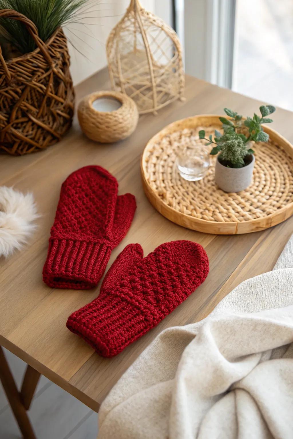 Envelop your hands in warmth and flair with these charming scarlet crochet handwear, superb for a cozy afternoon crafting venture.