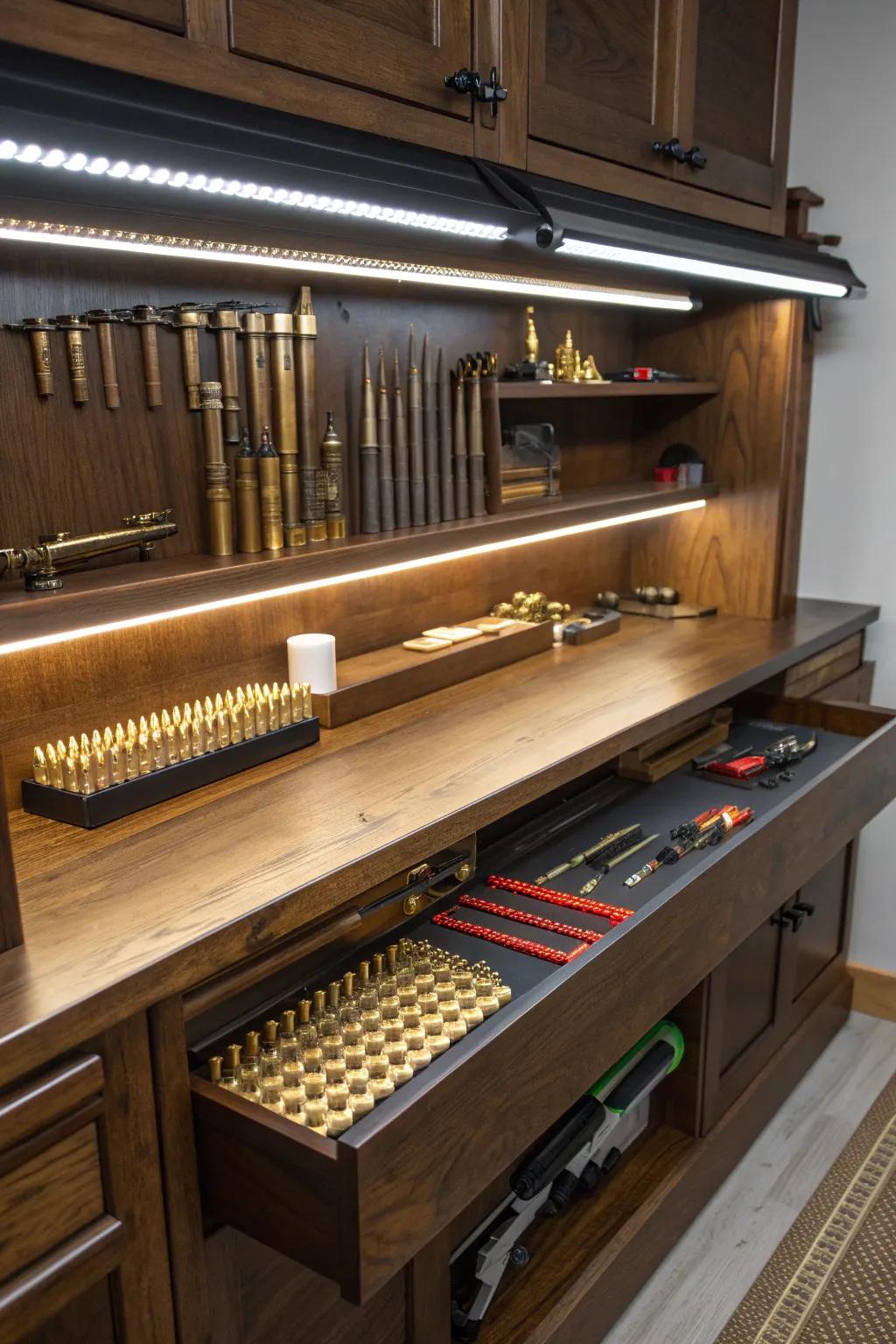 Illuminate your tasks with integrated LED lighting for a perfectly arranged reloading bench.