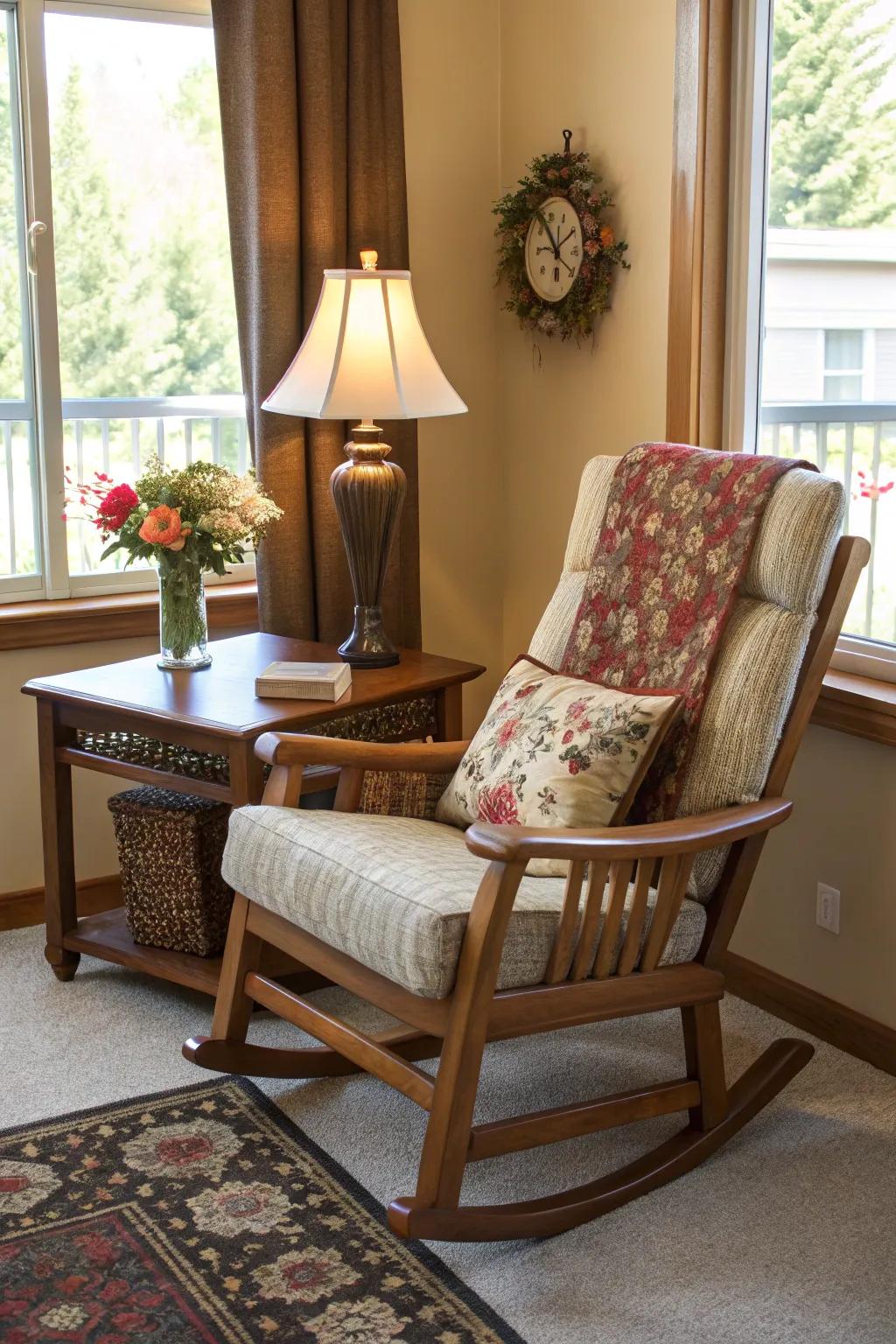A superbly synchronized arrangement featuring a rocking chair and matching furnishings.