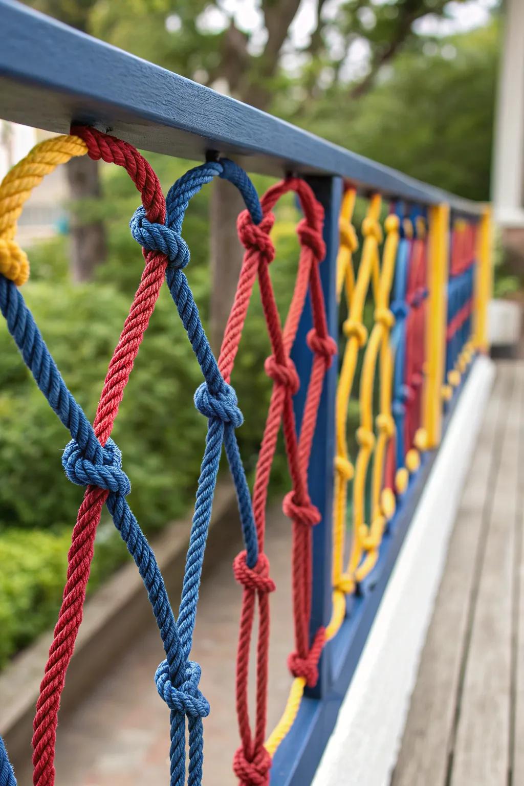 Transform your patio into a lively gathering space with expertly knotted synthetic rope handrails.