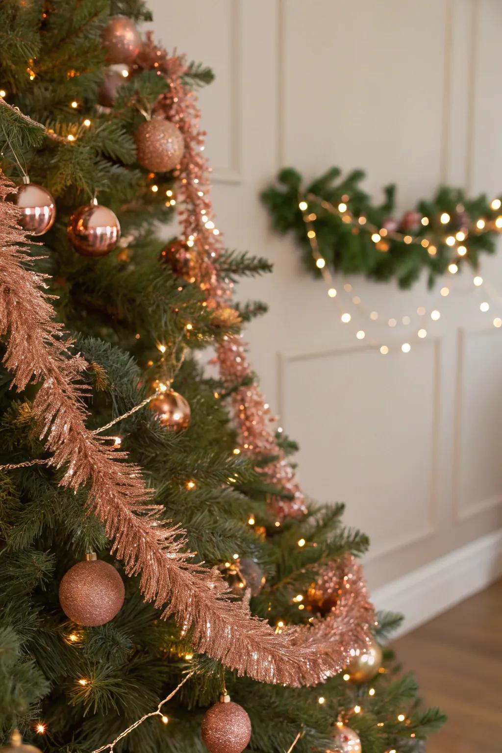 Glistening chains in rose gold introduce dimension to the Christmas tree.