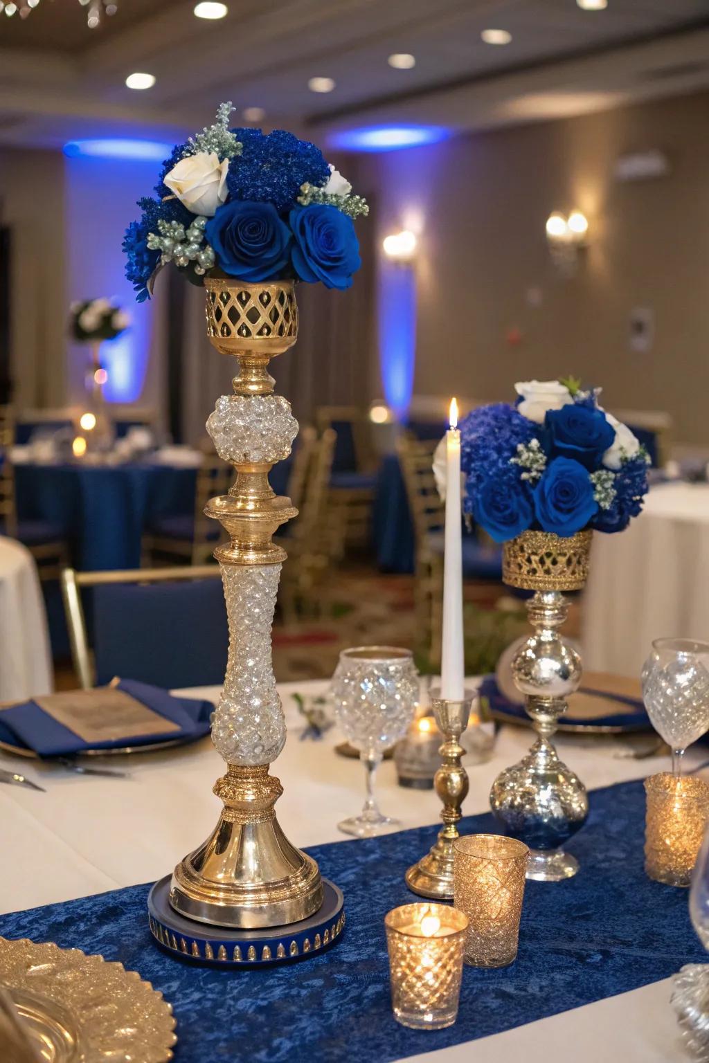Metallic details in gold and silver complement the deep shades of royal blue splendidly.
