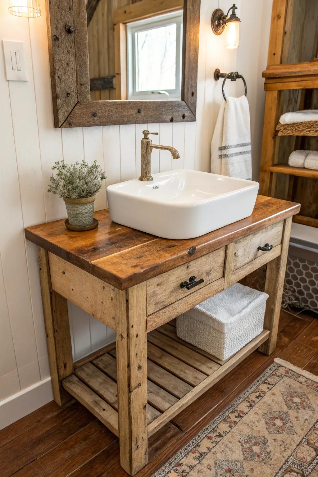 A country bathroom vanity showcasing an enameled farmhouse basin and timber countertop.