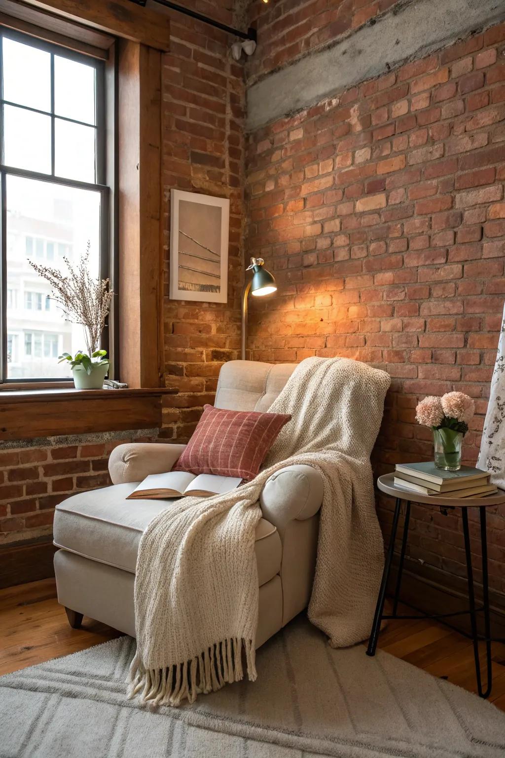 An inviting retreat that enhances the comforting embrace of the brick wall.