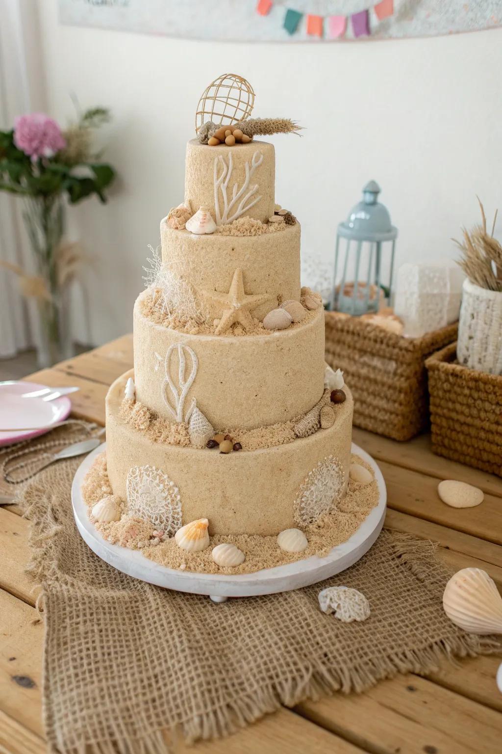 Uncover the artistry of a multi-tiered sandcastle cake, where simplicity converges with seaside refinement.