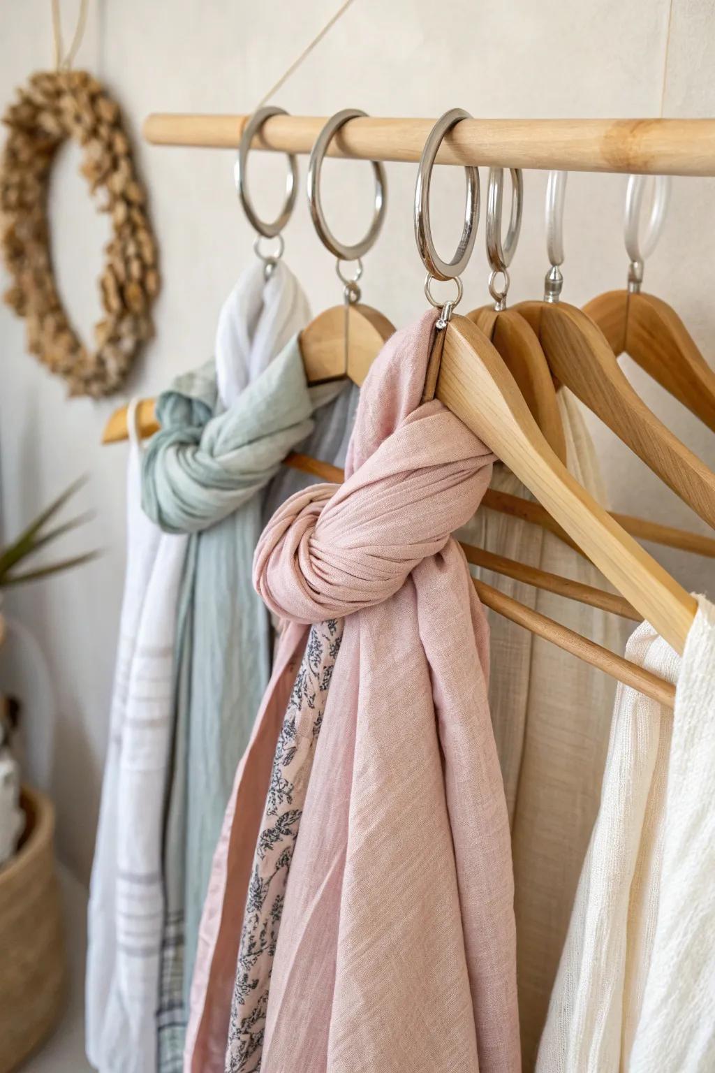 Transform your closet with this chic and functional DIY scarf holder using repurposed shower curtain rings.