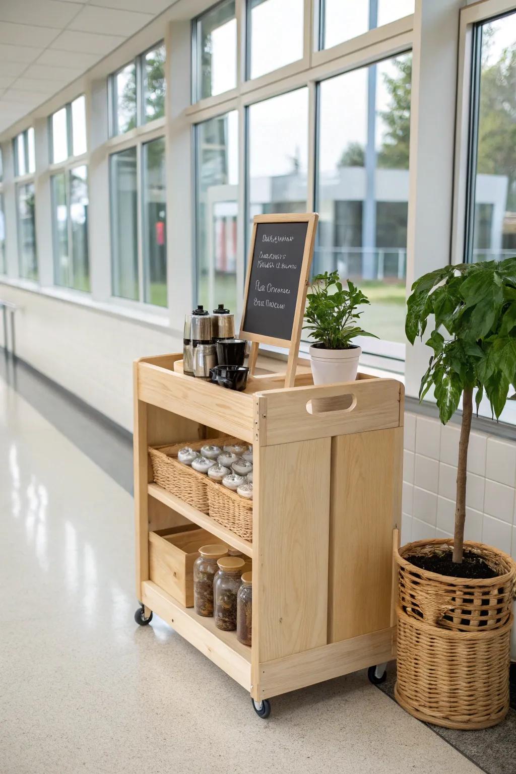 Empowering Students: A minimalist tea trolley fostering responsibility and creativity in a Scandinavian-Boho style.