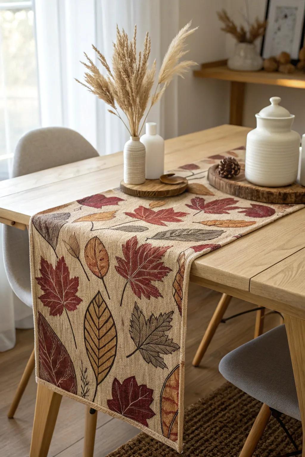 Embrace the ambiance of the season with a captivating table linen decorated with an autumnal theme, infusing warmth and sophistication into your dining precinct.