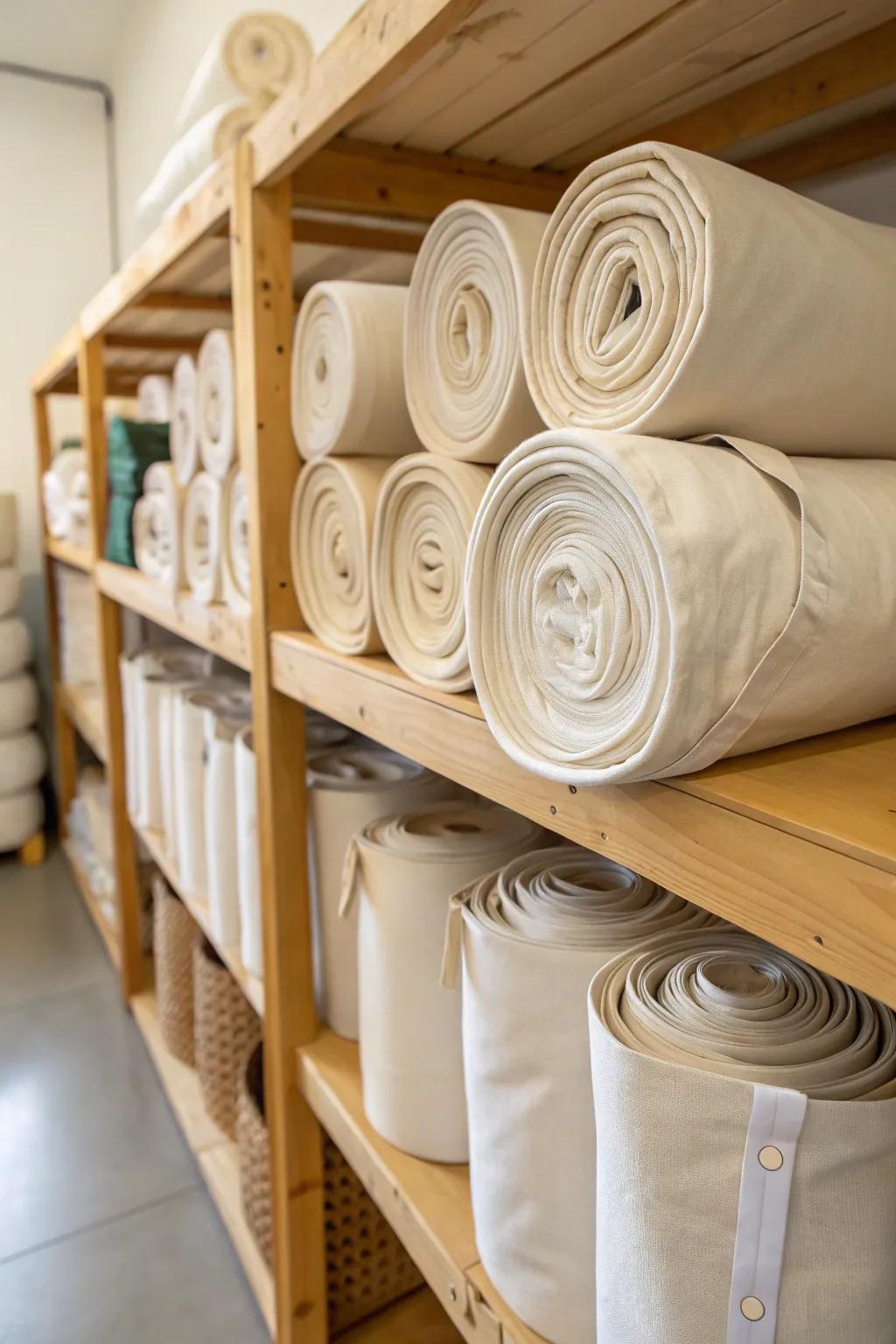 Rolling linens in textile pouches reduces space and preserves their crispness.