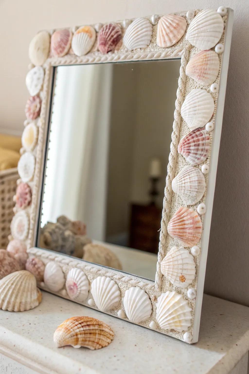 Reflect coastal refinement: A seashell-adorned mirror that conveys sunlit shores into your abode.