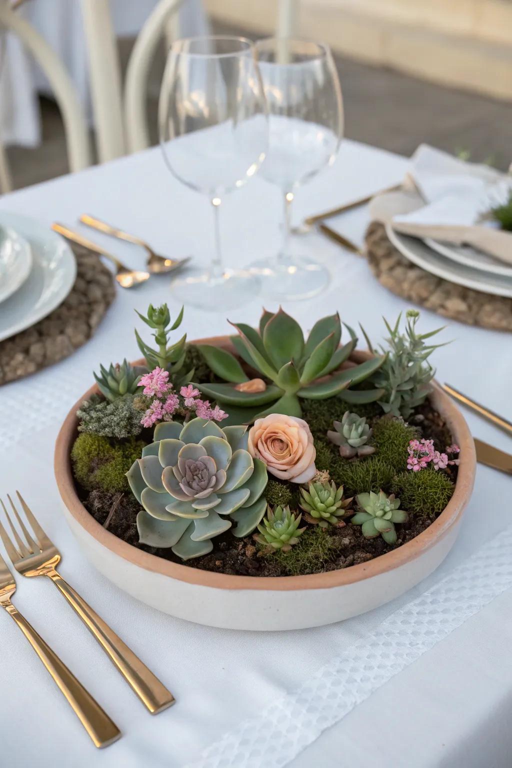 Succulents integrated with flowers present a contemporary variation.