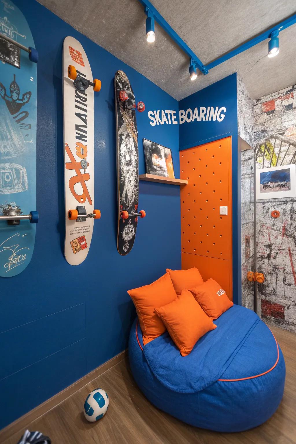 Striking blue and orange emphases energizing a skateboard-centered room.
