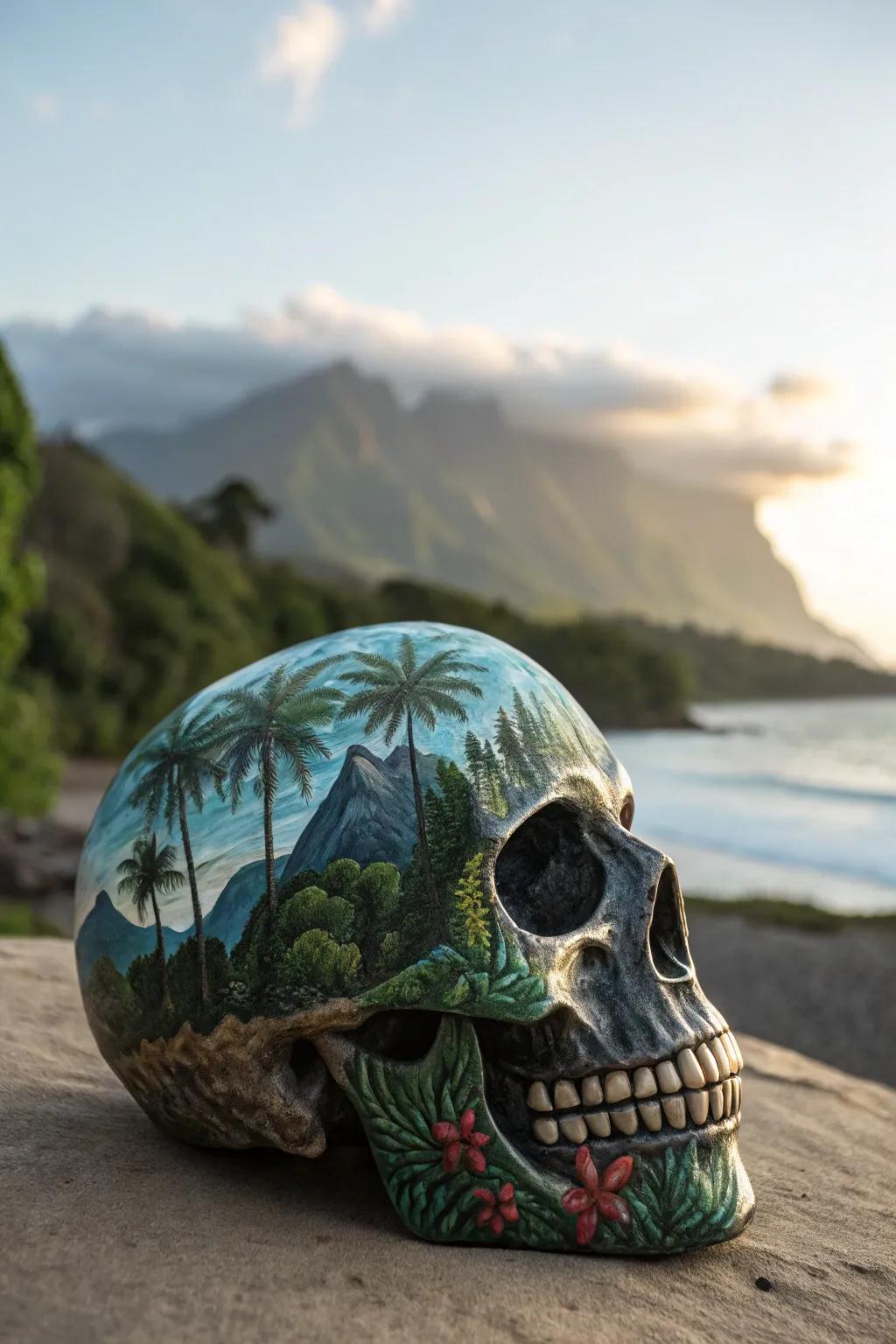 The Essence of Nature: A skull transformed into an awe-inspiring depiction of forests, seas, and peaks.