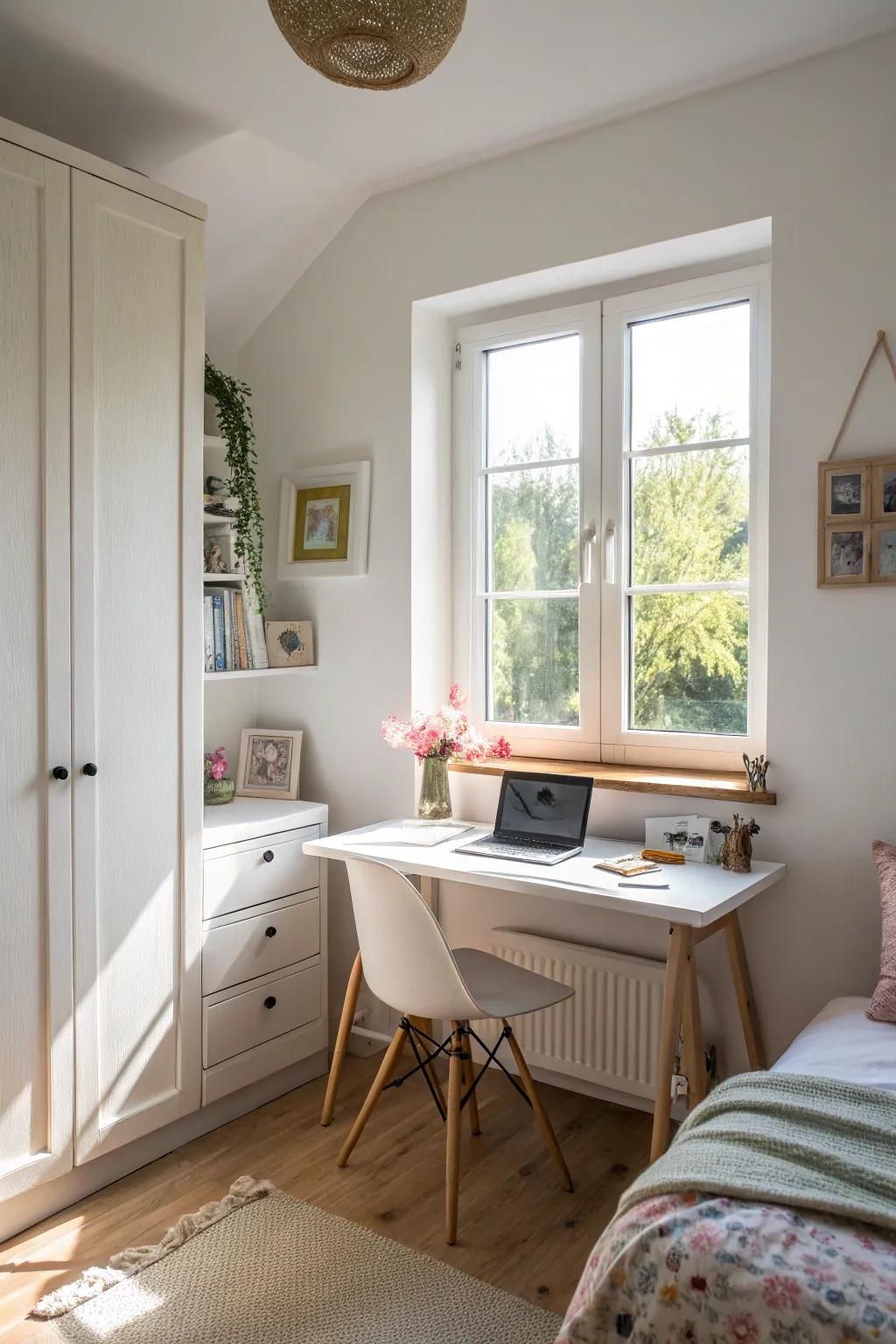 A desk proximate to a window harnesses natural illumination for a more radiant workspace.