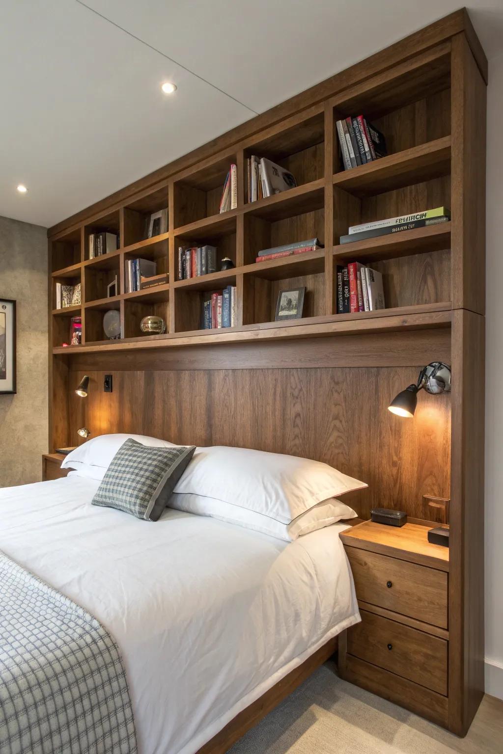 Elevate your boudoir with a handcrafted bookshelf headboard—where aesthetic converges with utility.