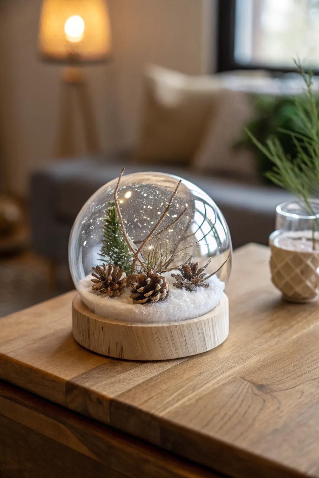 Usher the splendor of nature indoors with this sophisticated, nature-inspired snowglobe.