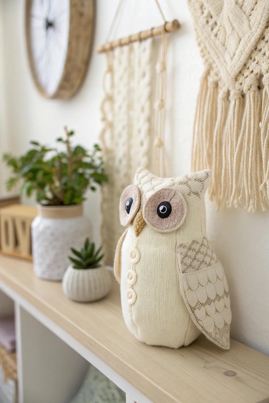 Add a touch of wisdom and whimsy to your space with this charming sock owl.