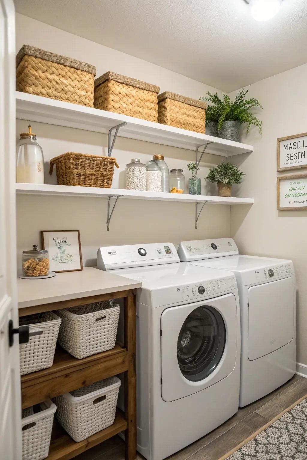 Open shelving introduces both style and purpose to your laundry area.