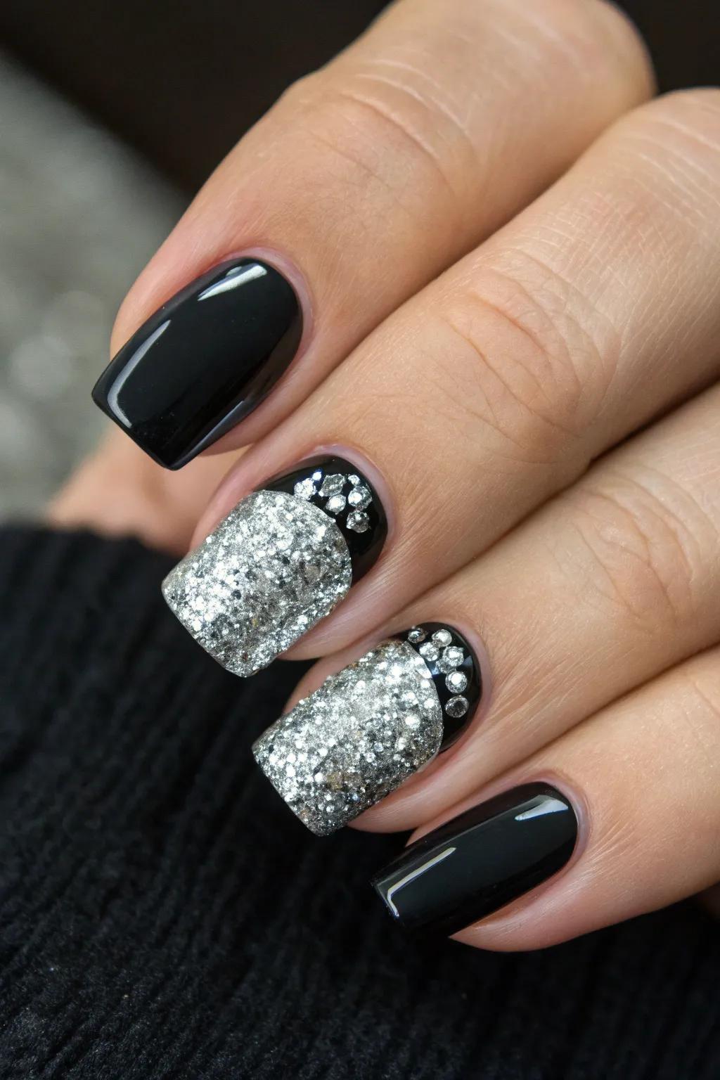 Elevate your panache with resplendent square nails that shimmer with silver glitter against a bold, dark foundation.