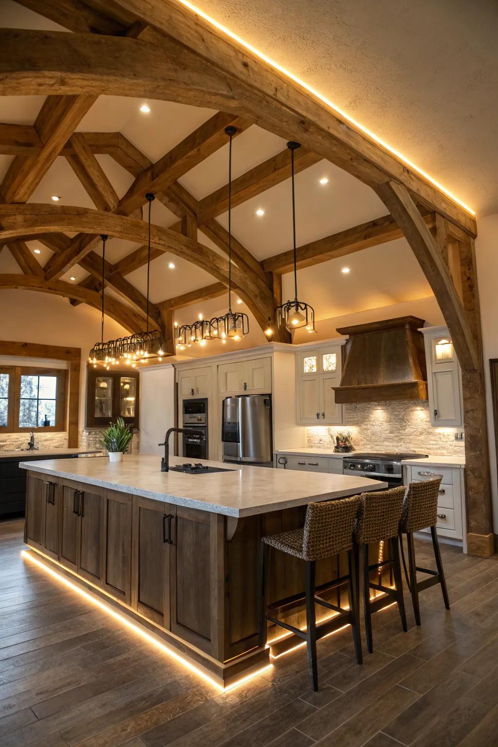 A kitchen island illuminated by hidden lighting within the beams.