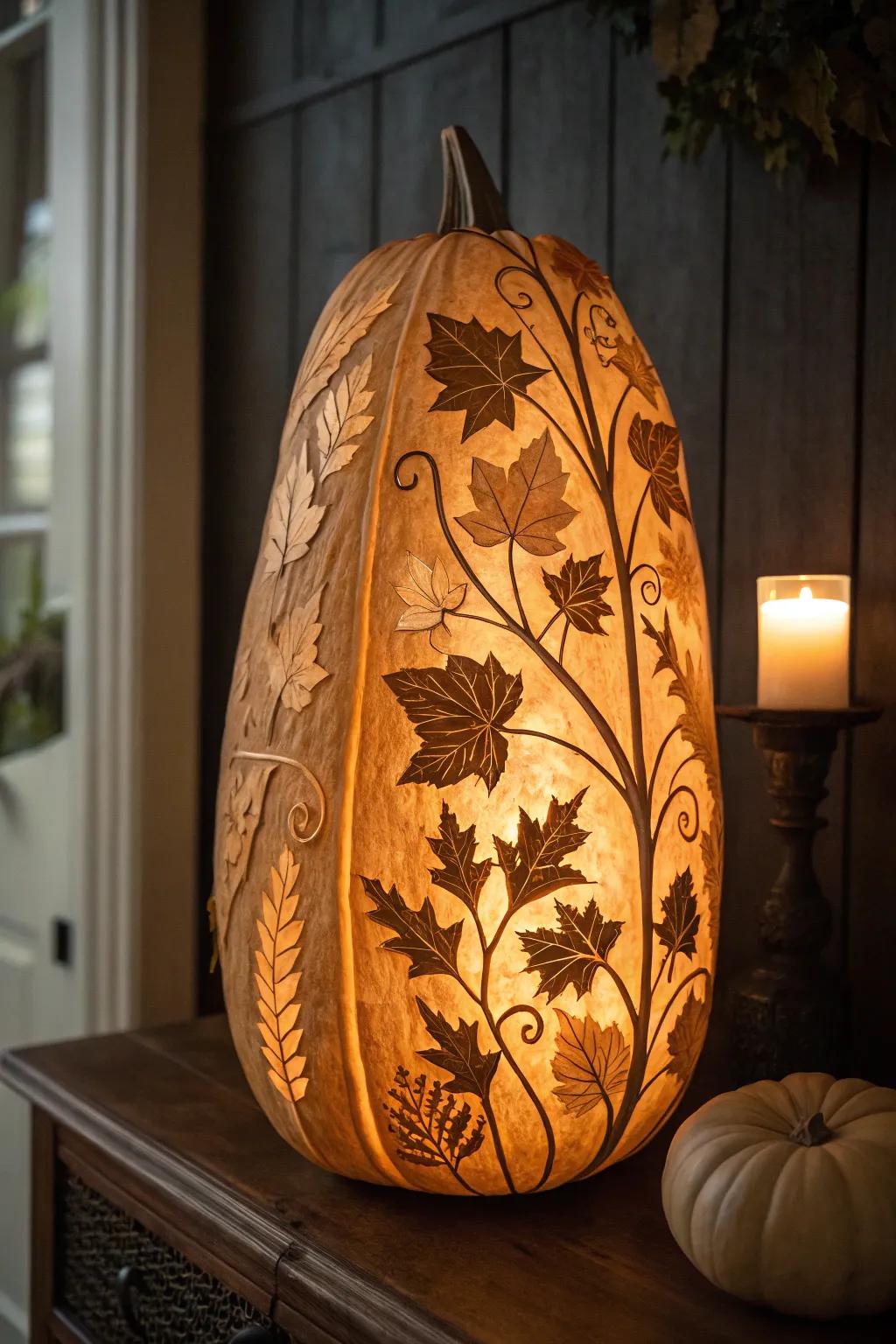 Savor the natural sophistication of craftsmanship with this intricately carved gourd, glowing warmly with organic foliage and floral designs.