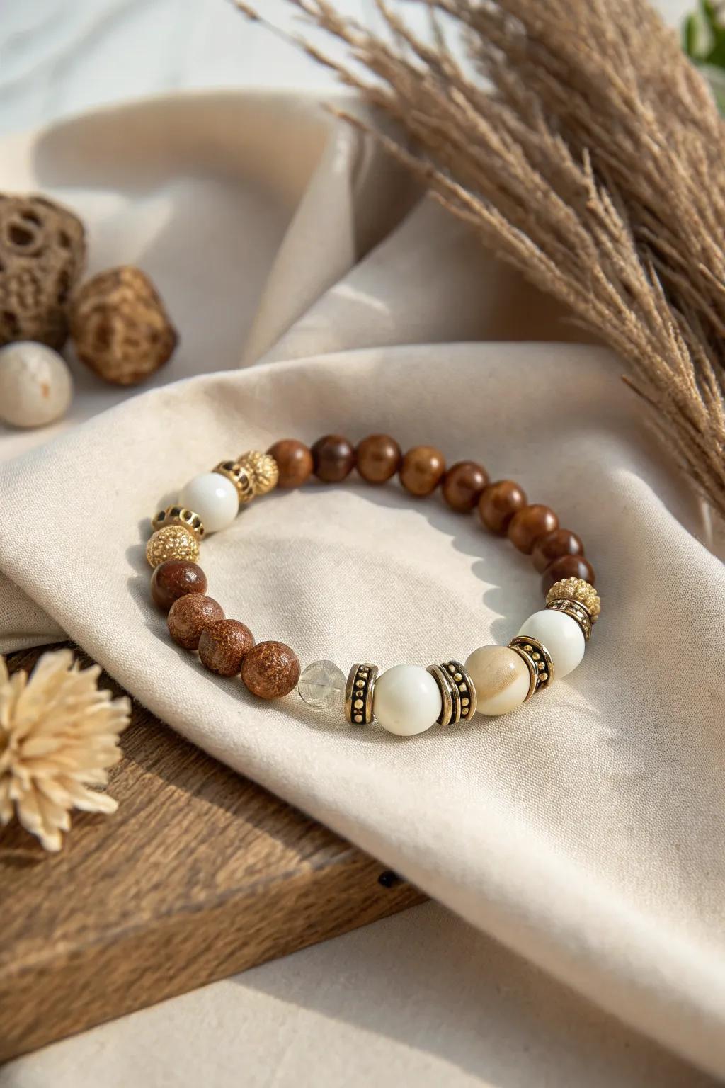 Embrace the beauty of nature with this raw wood and stone bracelet, ideal for your Thanksgiving costume.