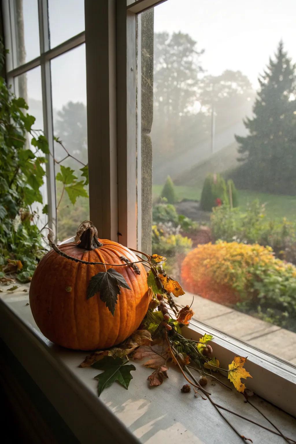 A pumpkin inspired by nature, adorned with leaves and twigs.