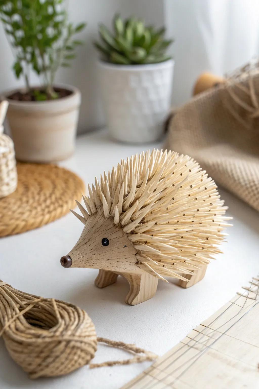 Discover the art of miniature craftsmanship with this charming toothpick hedgehog figurine. A true testament to the beauty of simplicity.