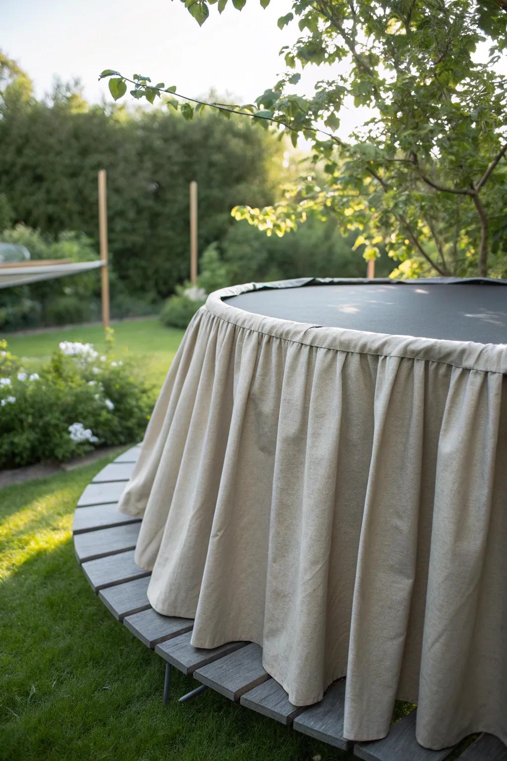 Enhance your outdoor space with a chic and practical rain-resistant surround for your trampoline, combining minimalist design with boho allure.