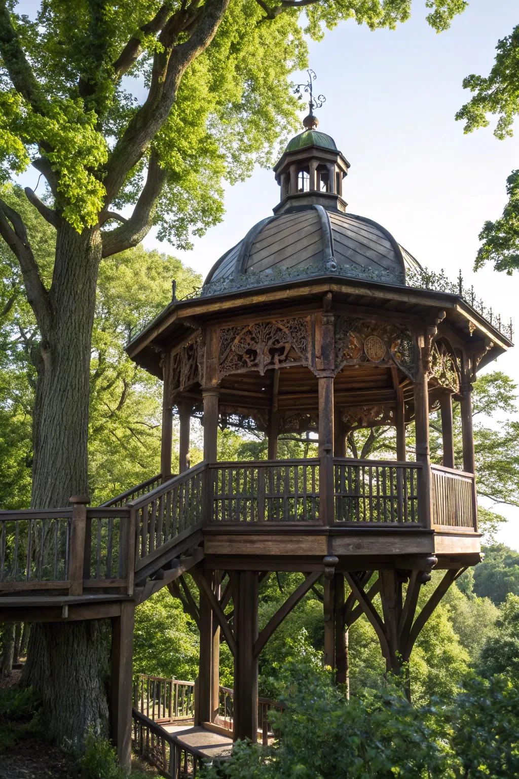 Elevated Elegance: A handcrafted open-air pavilion tree house ideal for the quintessential midday hideaway.